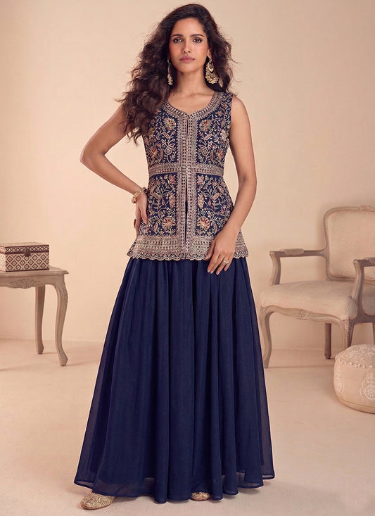 Navy Blue Georgette Sequins Work  Festival Wear Readymade Plazzo Suit SW369562