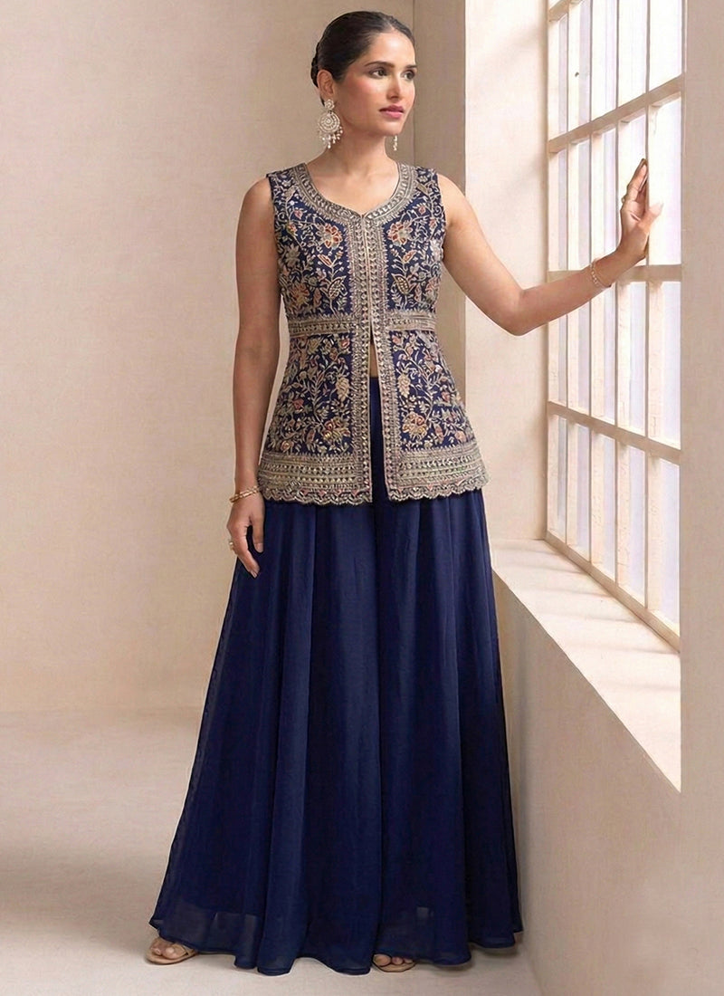 Navy Blue Georgette Sequins Work  Festival Wear Readymade Plazzo Suit SW369562