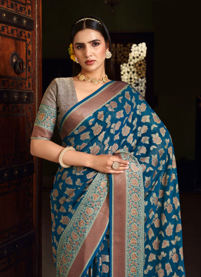 Georgette Navy Blue Festival Wear Weaving Work Saree 385989