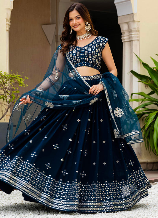 Georgette Navy Blue Occasional Wear Embroidery Work Lehenga Choli 385679
