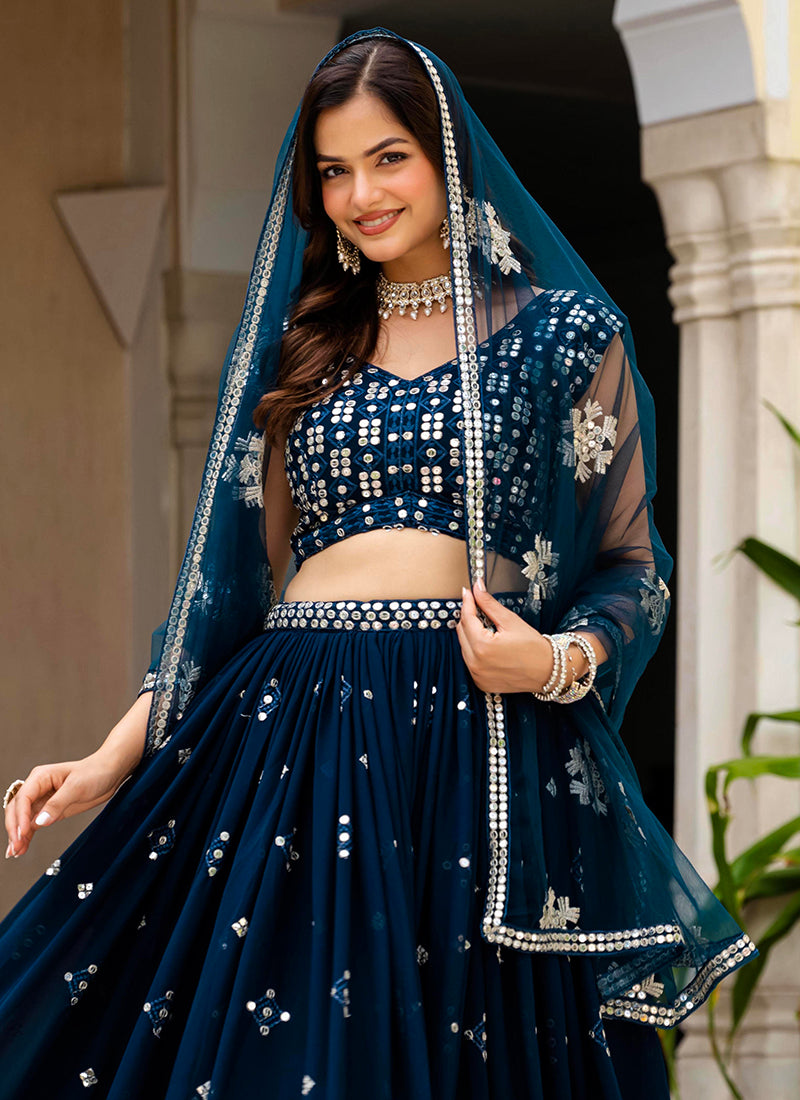 Georgette Navy Blue Occasional Wear Embroidery Work Lehenga Choli 385679