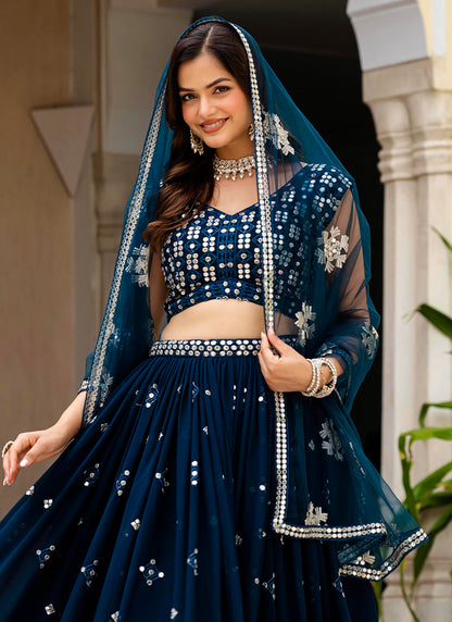 Georgette Navy Blue Occasional Wear Embroidery Work Lehenga Choli 385679