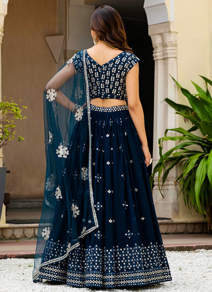 Georgette Navy Blue Occasional Wear Embroidery Work Lehenga Choli 385679