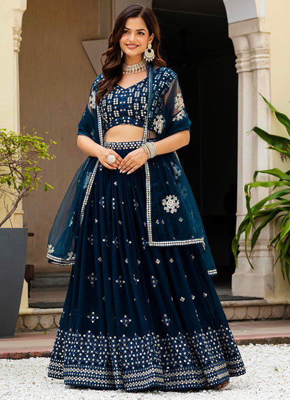 Georgette Navy Blue Occasional Wear Embroidery Work Lehenga Choli 385679