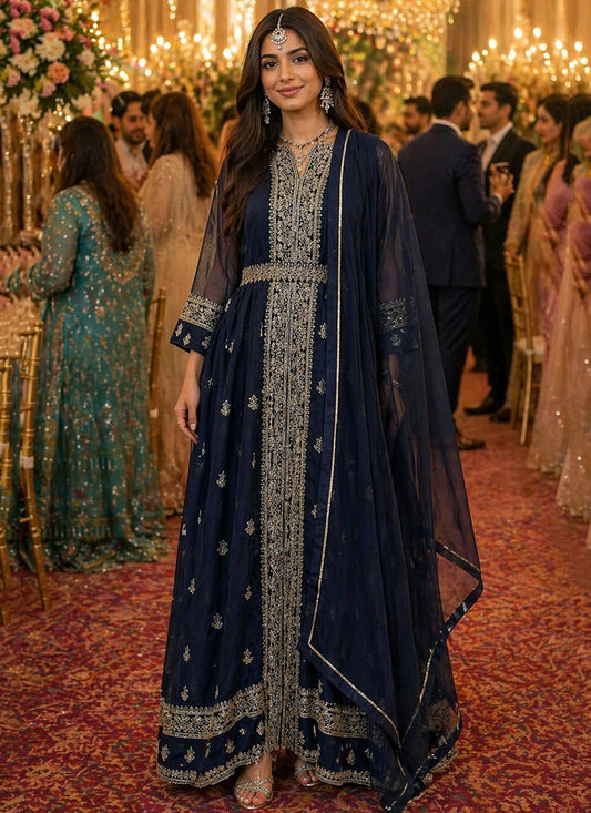 Navy Blue Georgette Embroidery Work Occasional Wear Readymade Ethnic Wear SW126453