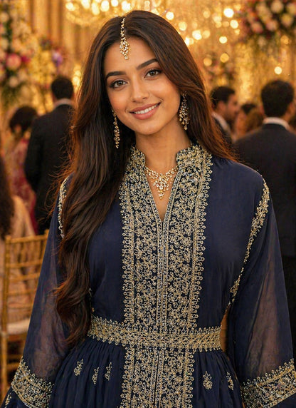 Navy Blue Georgette Embroidery Work Occasional Wear Readymade Ethnic Wear SW126453