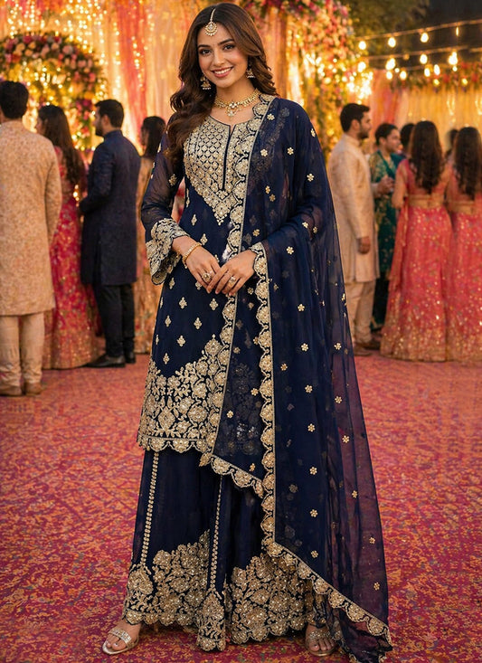 Navy Blue Georgette Embroidery Work Occasional Wear Readymade Plazzo Suit SW654124