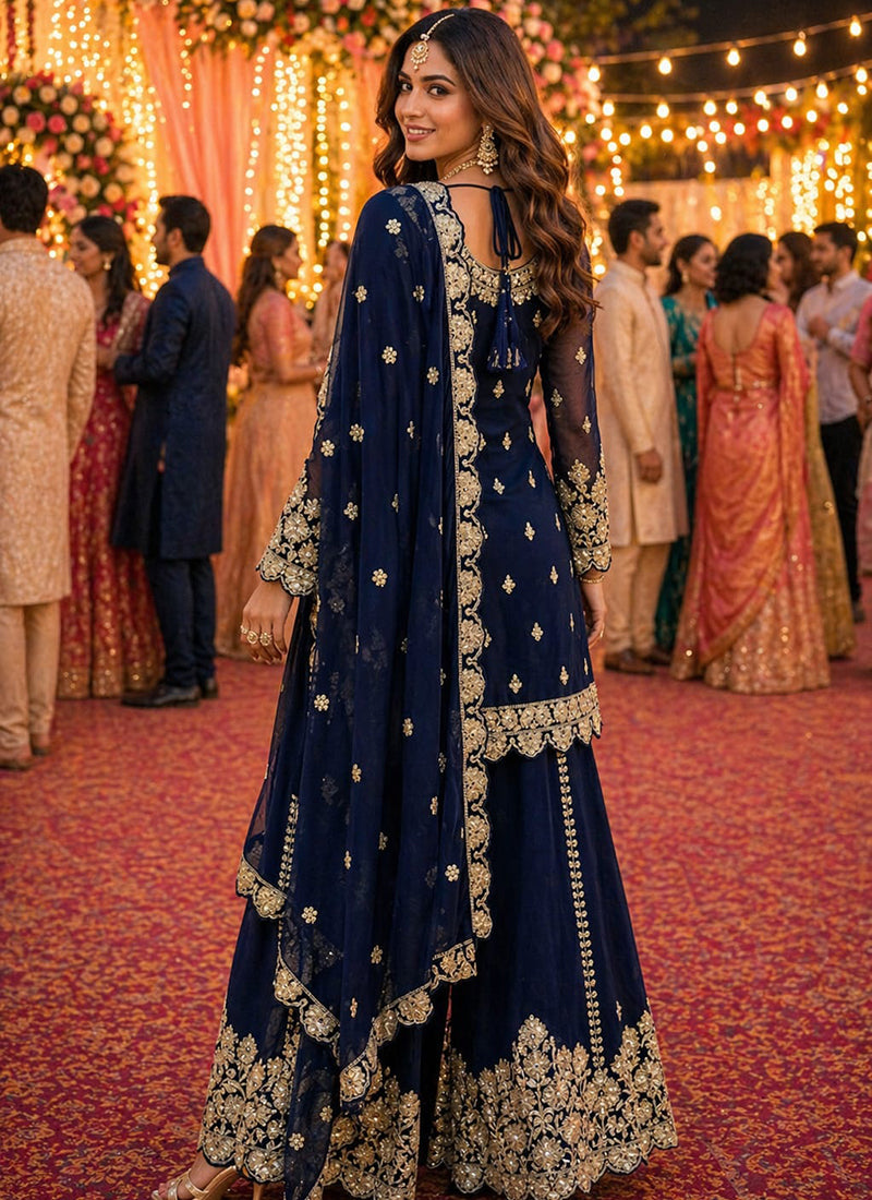 Navy Blue Georgette Embroidery Work Occasional Wear Readymade Plazzo Suit SW654124