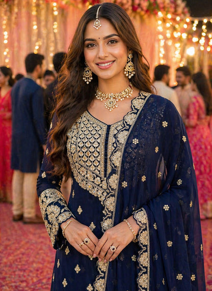Navy Blue Georgette Embroidery Work Occasional Wear Readymade Plazzo Suit SW654124