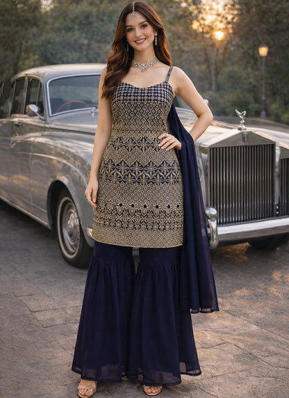 Navy Blue Georgette Embroidery Work Party Wear Readymade Sharara Suit SW653068