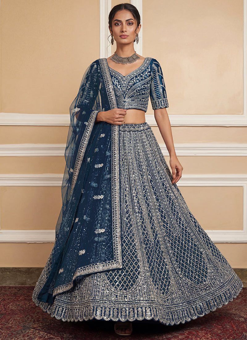 Navy Blue Heavy Net Zari & Sequins Embroidery Work Wedding Wear Wedding Lehenga Choli SW924830