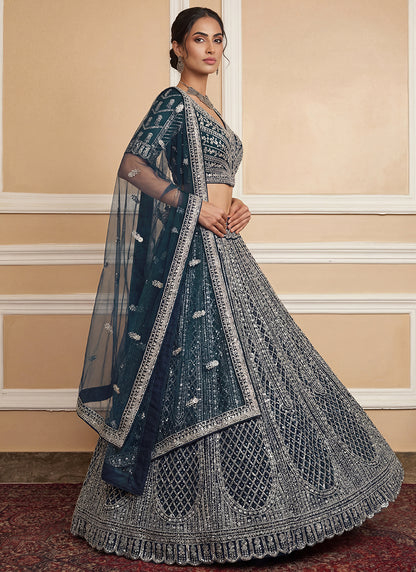 Navy Blue Heavy Net Zari & Sequins Embroidery Work Wedding Wear Wedding Lehenga Choli SW924830
