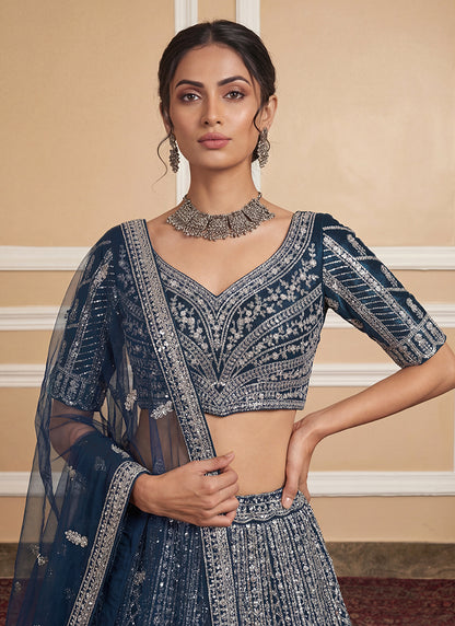 Navy Blue Heavy Net Zari & Sequins Embroidery Work Wedding Wear Wedding Lehenga Choli SW924830