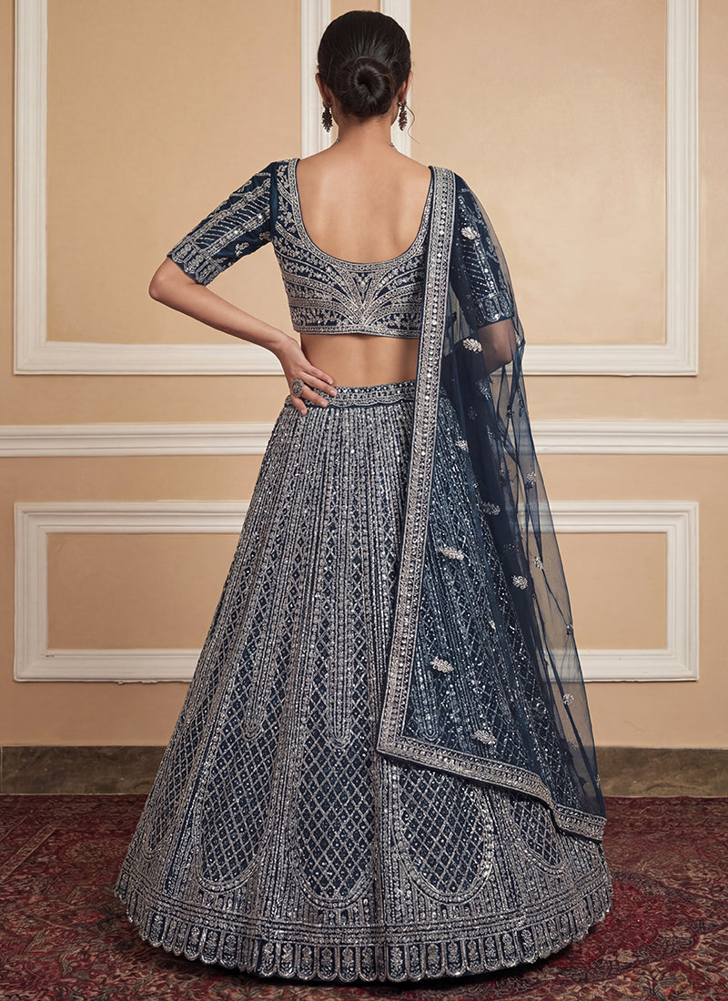 Navy Blue Heavy Net Zari & Sequins Embroidery Work Wedding Wear Wedding Lehenga Choli SW924830