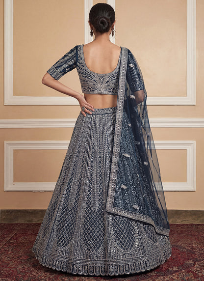 Navy Blue Heavy Net Zari & Sequins Embroidery Work Wedding Wear Wedding Lehenga Choli SW924830