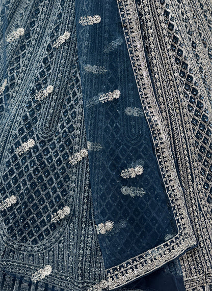 Navy Blue Heavy Net Zari & Sequins Embroidery Work Wedding Wear Wedding Lehenga Choli SW924830