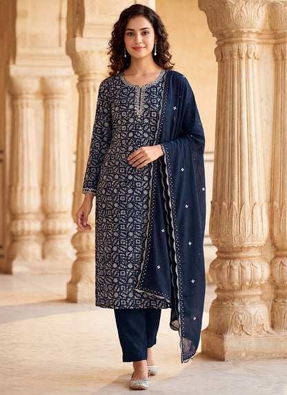 Navy Blue Heavy Reyon Cotton Printed Work Festival Wear Salwar Suit SW589680
