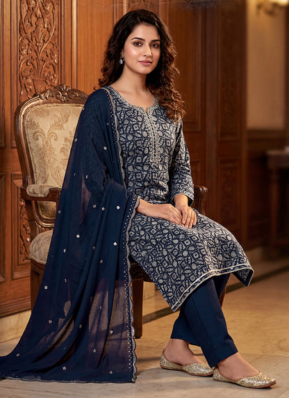 Navy Blue Heavy Reyon Cotton Printed Work Festival Wear Salwar Suit SW589680