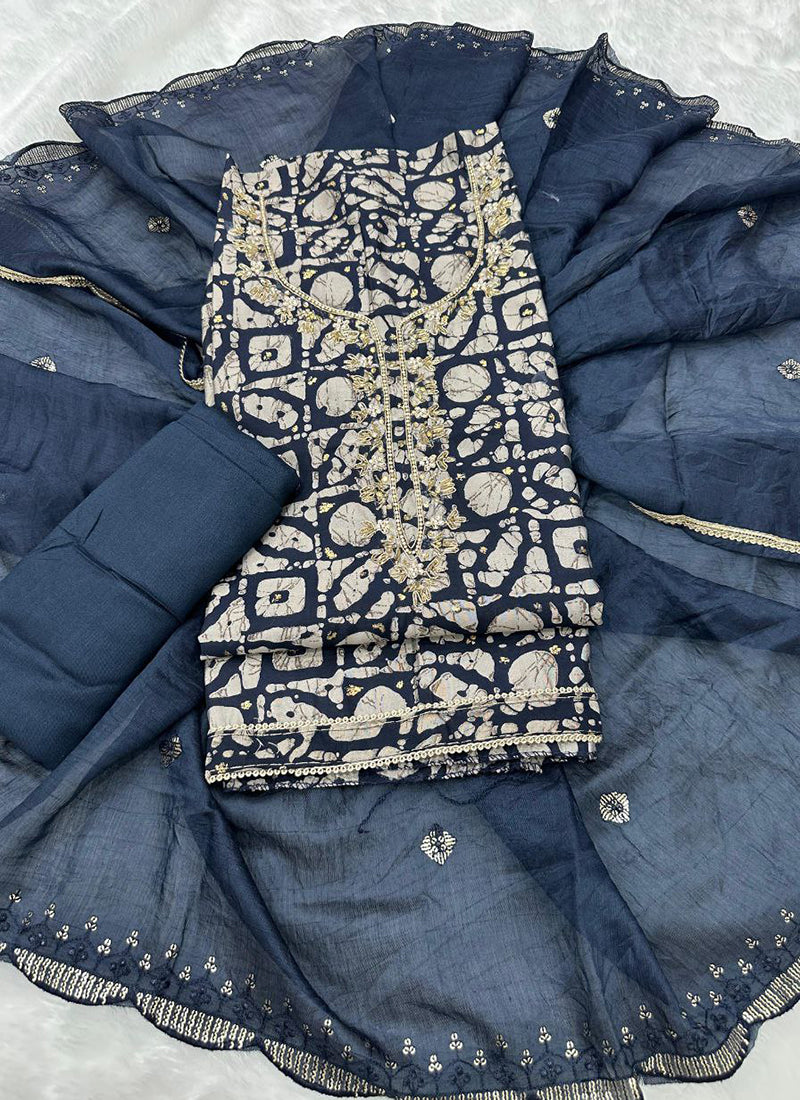Navy Blue Heavy Reyon Cotton Printed Work Festival Wear Salwar Suit SW589680