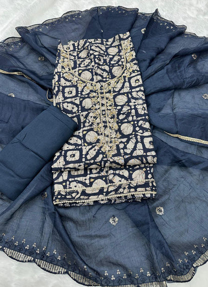 Navy Blue Heavy Reyon Cotton Printed Work Festival Wear Salwar Suit SW589680