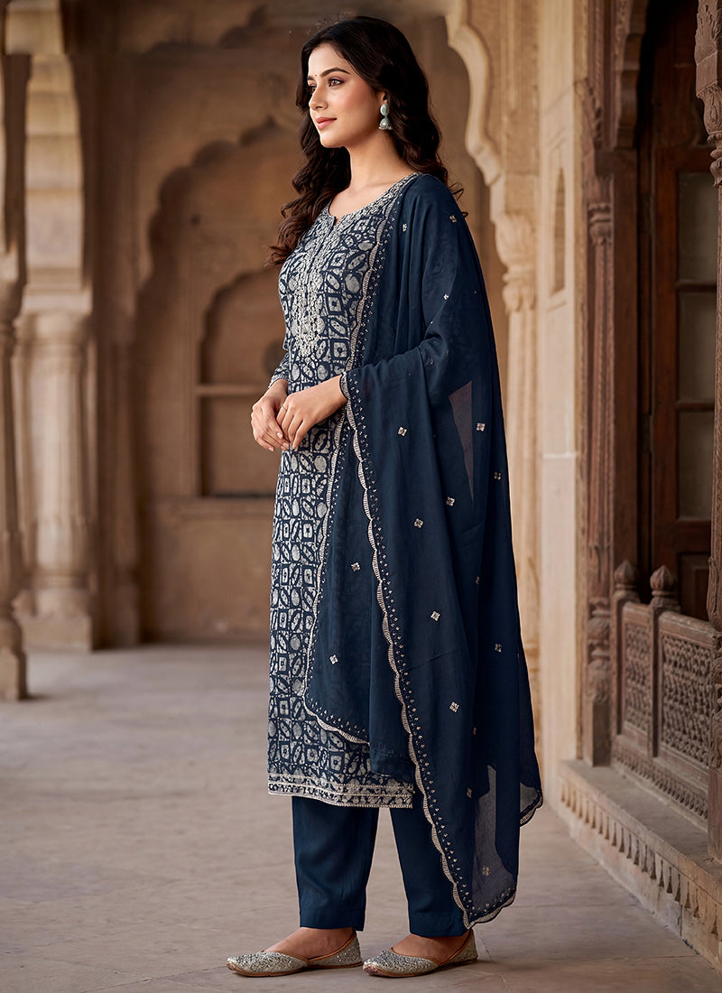 Navy Blue Heavy Reyon Cotton Printed Work Festival Wear Salwar Suit SW589680