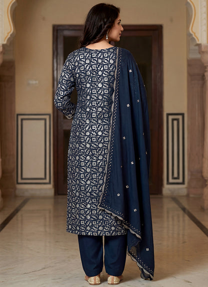 Navy Blue Heavy Reyon Cotton Printed Work Festival Wear Salwar Suit SW589680