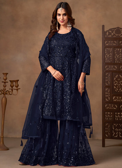 Navy Blue Net Sequins Work  Eid Wear Sharara Suit SW536246