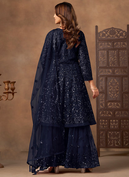 Navy Blue Net Sequins Work  Eid Wear Sharara Suit SW536246