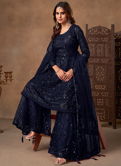 Navy Blue Net Sequins Work  Eid Wear Sharara Suit SW536246