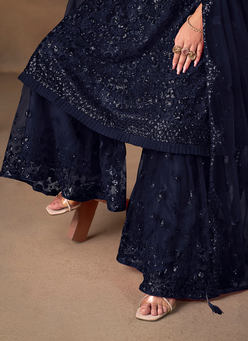 Navy Blue Net Sequins Work  Eid Wear Sharara Suit SW536246