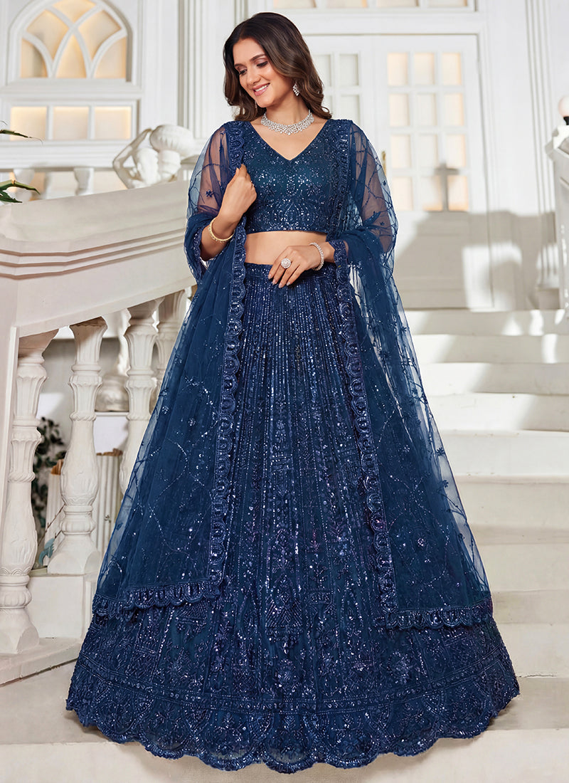 Navy Blue Net Embroidery Work Wedding Wear Lehenga Choli SW491740