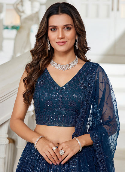 Navy Blue Net Embroidery Work Wedding Wear Lehenga Choli SW491740