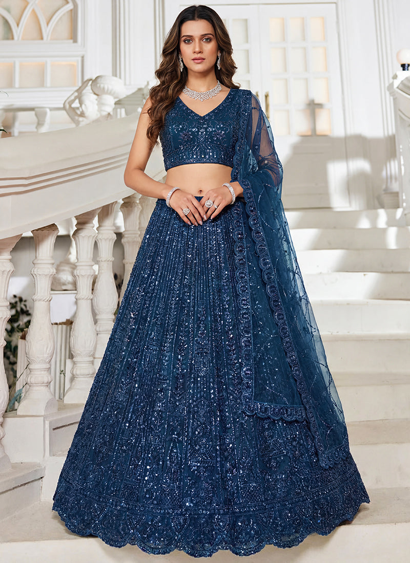 Navy Blue Net Embroidery Work Wedding Wear Lehenga Choli SW491740