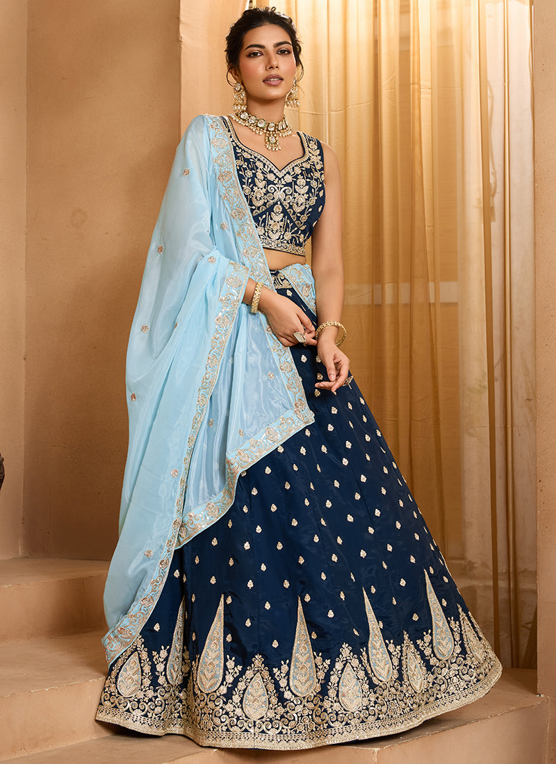 Organza Navy Blue Designer Wear Embroidery Work Lehenga Choli 385387