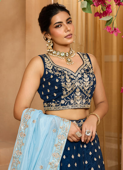Organza Navy Blue Designer Wear Embroidery Work Lehenga Choli 385387