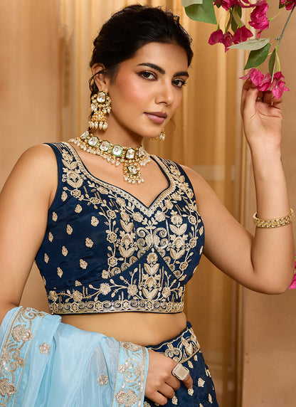 Organza Navy Blue Designer Wear Embroidery Work Lehenga Choli 385387