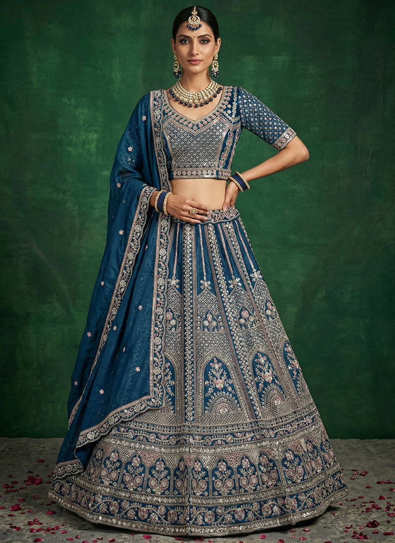 Navy Blue Satin Embroidery Work Bridal Wear Lehenga Choli SW214111