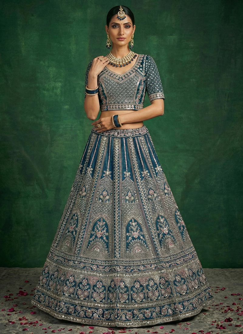 Navy Blue Satin Embroidery Work Bridal Wear Lehenga Choli SW214111