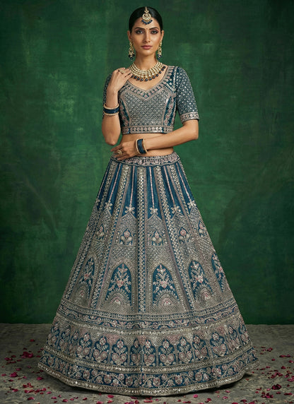 Navy Blue Satin Embroidery Work Bridal Wear Lehenga Choli SW214111