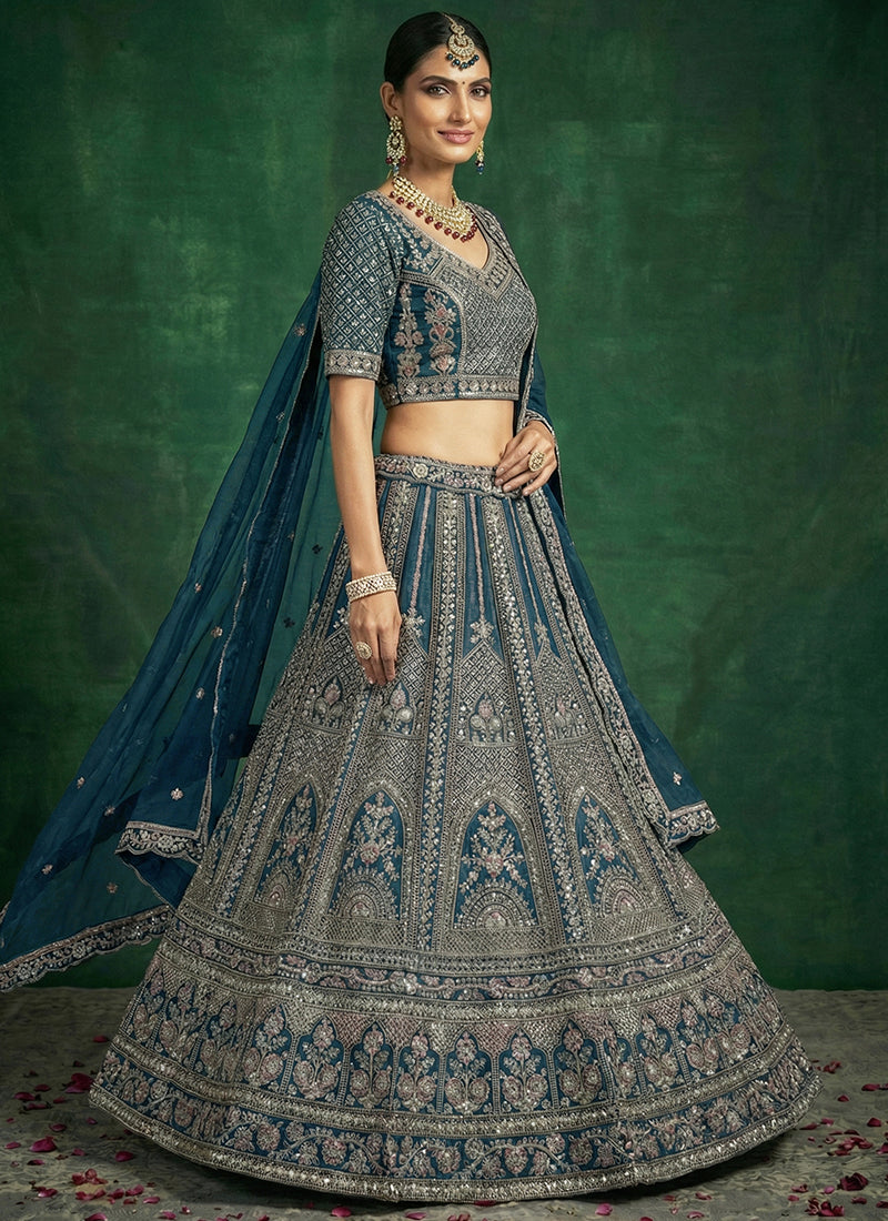 Navy Blue Satin Embroidery Work Bridal Wear Lehenga Choli SW214111