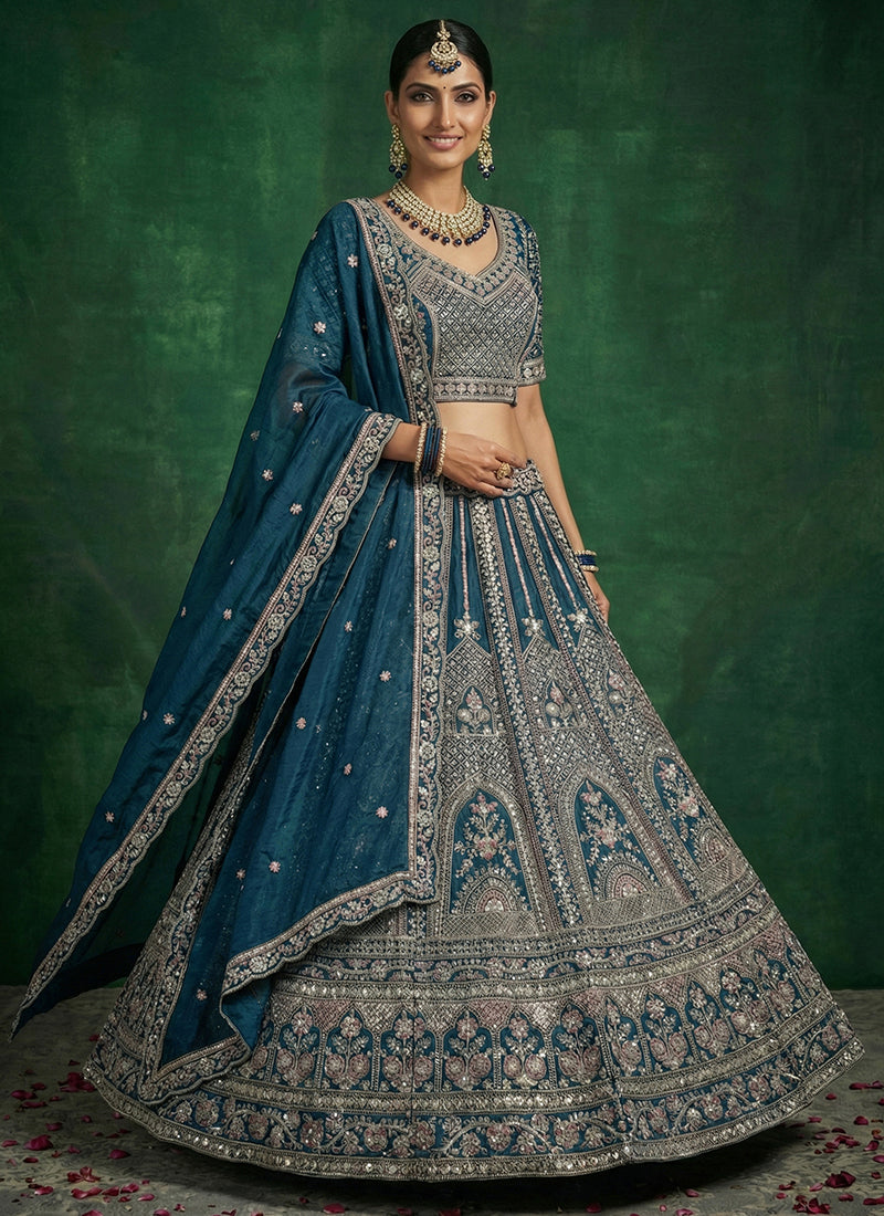 Navy Blue Satin Embroidery Work Bridal Wear Lehenga Choli SW214111