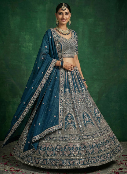 Navy Blue Satin Embroidery Work Bridal Wear Lehenga Choli SW214111