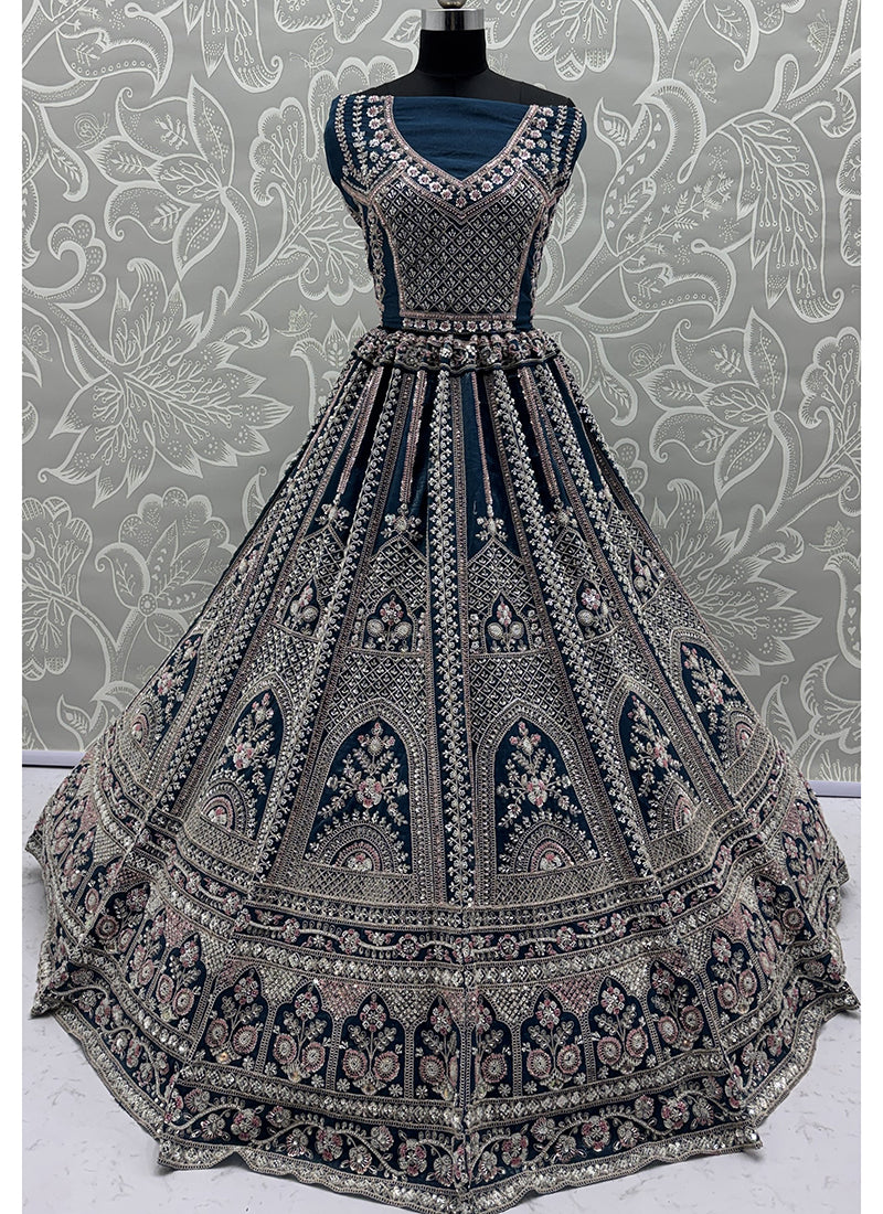 Navy Blue Satin Embroidery Work Bridal Wear Lehenga Choli SW214111