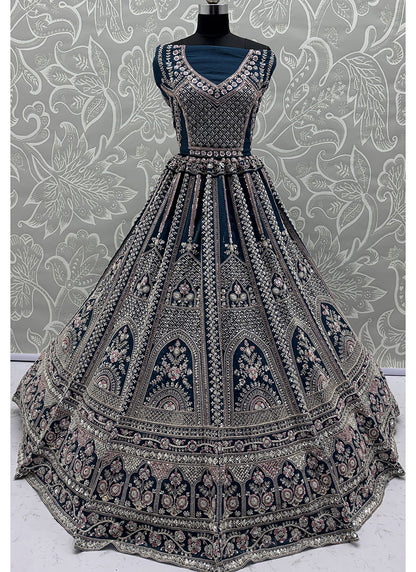 Navy Blue Satin Embroidery Work Bridal Wear Lehenga Choli SW214111