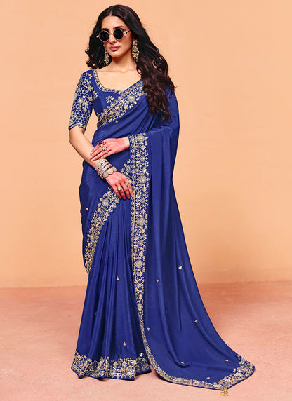 Navy Blue Satin Silk Sequins Work  Party Wear Saree SW758726