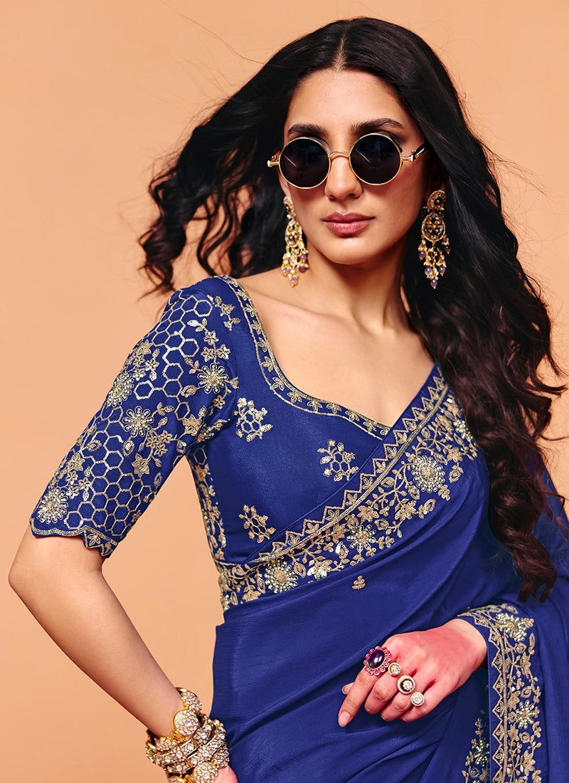 Navy Blue Satin Silk Sequins Work  Party Wear Saree SW758726