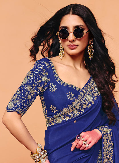 Navy Blue Satin Silk Sequins Work  Party Wear Saree SW758726