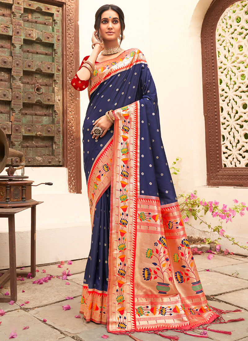 Silk Blend Navy Blue Saree with Weaving Work for Festival Wear 384342