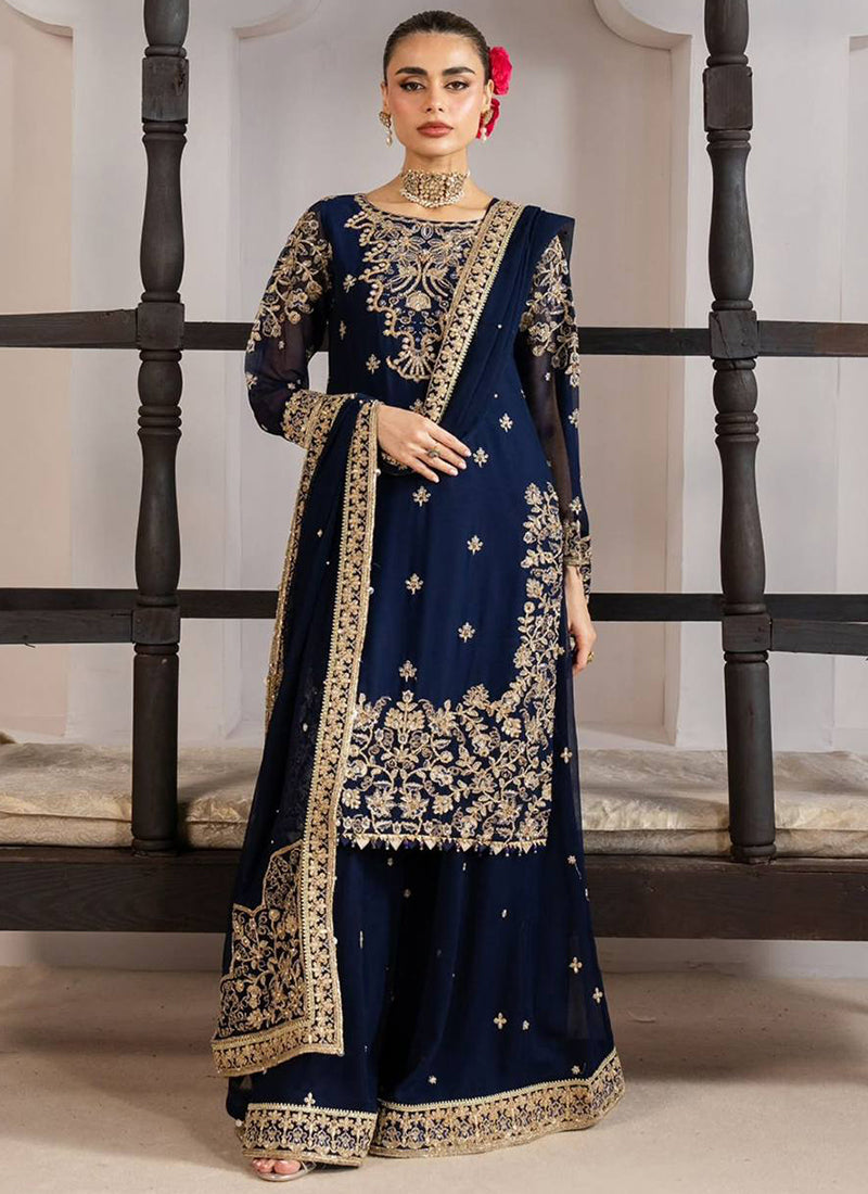 Navy Blue Silk Embroidery Work Eid Wear Readymade Plazzo Suit SW366175