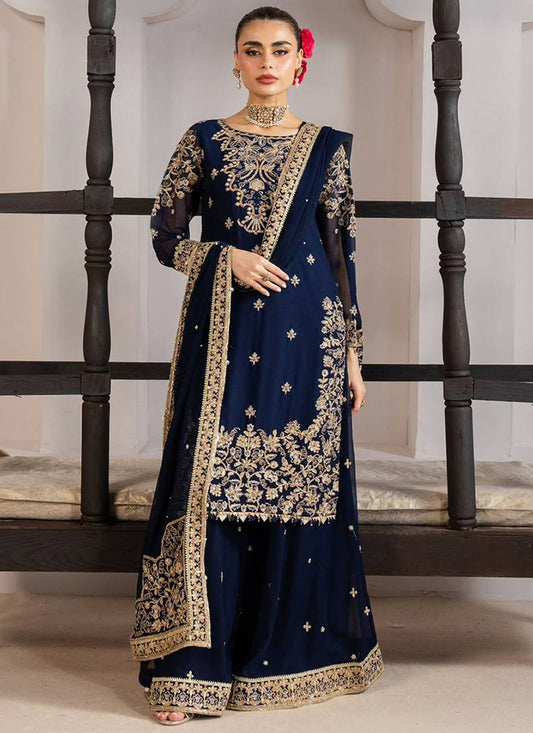 Navy Blue Silk Embroidery Work Eid Wear Readymade Plazzo Suit SW366175